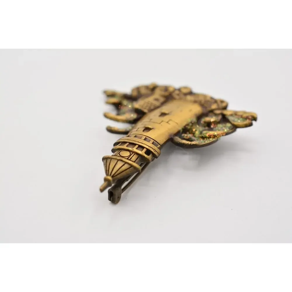 JJ Vintage Lighthouse Pin Brooch Glitter Beach Waves Bronze Signed 1980s BinAH
